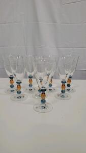 Set of 8 Decorative Wine Glasses with Beaded Stems, Clear with Blue and Amber