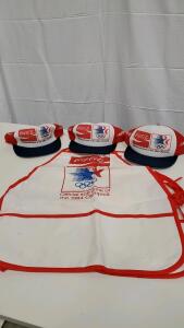 (2) Vintage Coca-Cola 1984 Olympics Aprons And (3) Vintage Coca-Cola 1984 Hats