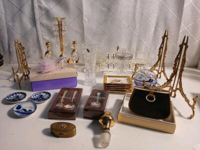 (1) Cut Crystal 6" Flower Vase (1) Vintage Max Factor Compact Lipstick Case (1) Vintage Amorni Coin Purse & More
