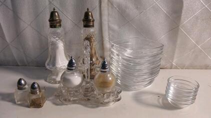 (5) Duralex 4.5" Glass Bowl (4) Duralex Mini Glass Sauce/Spice Cups (3) Assorted Glass Salt And Pepper Shakers