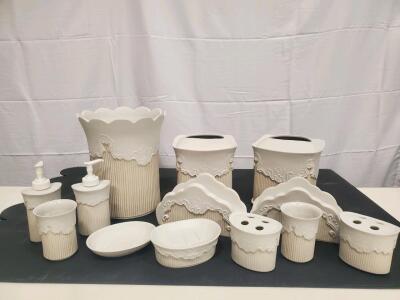 Ceramic Bathroom Accessory Set, 12 Pieces, Floral and Ribbed Design