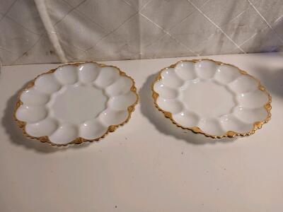 Set Of 2 10" White Milk Glass And Gold Accent Dishes