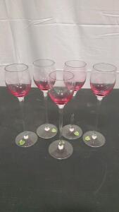 Set of 5 USA Art Cut Crystal Red Tinted Wine Glasses