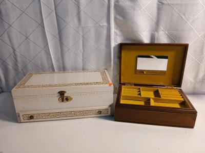 Elegant Wooden & White Gold-Trim Jewelry Box W/ Velvet Lining & Vintage Wooden Jewelry Box W/ Yellow Velvet Lining