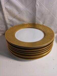 Set of 8 Wedgwood Bone China Dinner Plates, Gold Floral Pattern