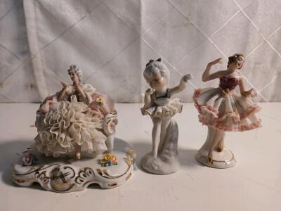 (1) Antique Dresden Statue Victorian Lady In Pink & White Lace Figurine -4" (1)Antique Dresden Lady Lace Figurine -4" (1) White Porcelain Ballerina Figurine -4"