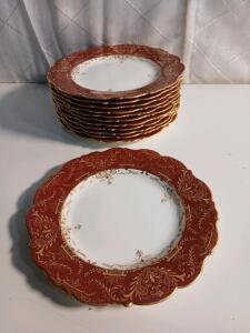 Set Of 12 Cauldron England For Davis Collamore Red and Gold Accent Dessert Plates
