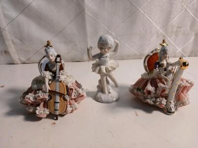 (1) Antique German Dresden Lace Figurine Lady W/ Harp -4" (1)Antique German Dresden Lace Figurine Lady W/ Cello -4" (1) White Porcelain Ballerina Figurine -4"