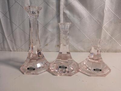 Set Of Oneida 24% Lead Crystal Hand-Cut And Blown Pink Glass Candlestick Holders -(4",6.5",8")