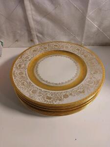 Set Of 6 Hutschenreuther Crown Lion Ivory Dinner Plates, Gold Detailing