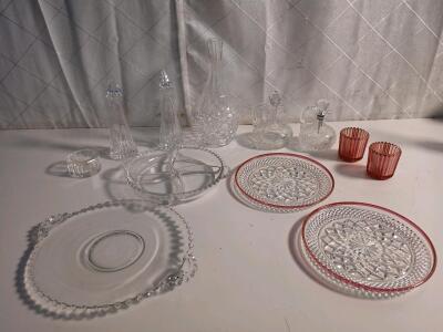 (2) Oil And Vinegar Crystal Decanters (2) 8" Crystal Decanter (1) 10" Crystal Decanter & More