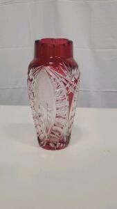 Red and Clear Cut Glass Crystal Vase with Intricate Design, 9" Height