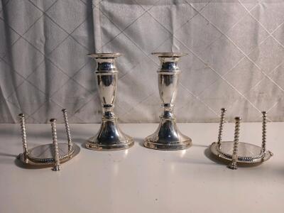 (2) Vintage FB Rodgers Silverplated Claw Foot Coaster Rack (2) Silver-Like Candlestick Holders