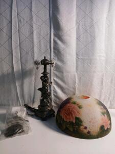 Vintage-Style Bronze Cherub Tanle Lamp W/ Dual Sockets And Glass Flower Scene Shade -21"H