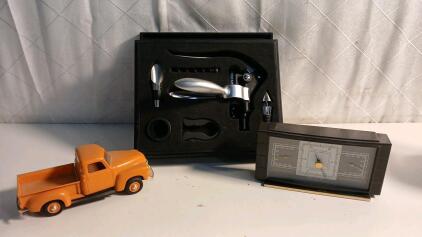 (1) Vintage Airguide Desktop Weather Station (1) Lever-Style Wine Opener Set (1) Vintage Plastic Toy Chevy Truck