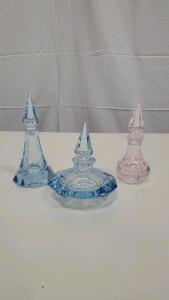 Crystal Perfume Bottles, Blue and Pink, Pointed Stopper, Octagonal Base