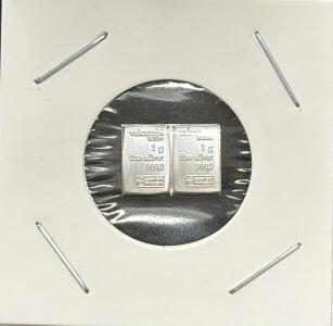 (2) Valcambi Suisse 1g Silver Bars, 999.0 Purity, Switzerland