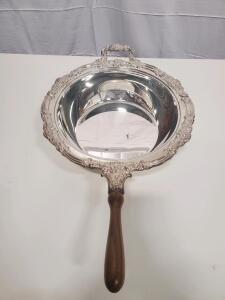 Silver-Toned Chafing Dish with Wood Handle, Ornate Design, Estimated 2 Quarts