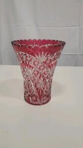 Ruby Red Cut Glass Vase, Starburst & Swirl Design, Scalloped Edge
