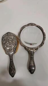 Ornate Silver Plated Vanity Mirror and Brush Set with Cherub Design