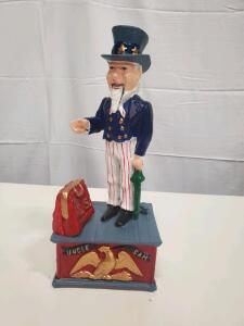 Vintage Uncle Sam Mechanical Bank, Cast Iron, Hand-Painted, 11" Tall