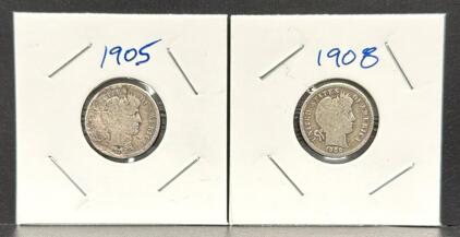 1905 & 1908 United States Barber Dimes, Silver Coins