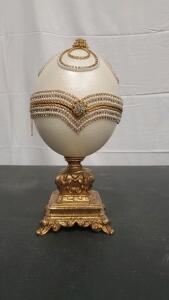 Ornate Decorative Egg Trinket Box, White with Gold and Pearl Accents