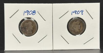 1908 & 1909 Barber Dimes, 90% Silver, Charles E. Barber Design