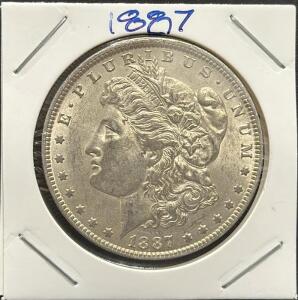 1887 Morgan Silver Dollar Coin, 90% Silver, 1.5" Diameter