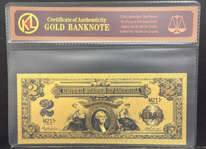 24k Gold-Plated $2 Silver Certificate Banknote with COA