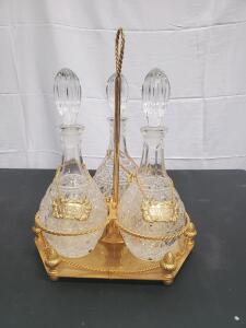 Crystal Decanter Set with Gold Plated Stand, 3 Decanters, Ornate Design