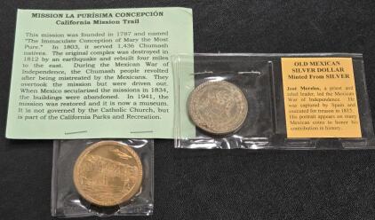Old Mexican Silver Dollar & California Mission Trail Coin