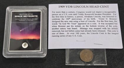 1909 VDB Lincoln Head Cent & Authentic Space Meteorite