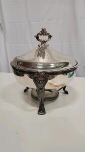 Ornate Silver Plated Chafing Dish with Lid and Lion Head Feet
