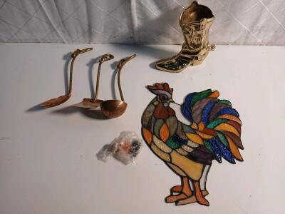 (1) Brass Cowboy Boot Decor (1) Multi-Colored Glass Rooster Wall Decor (3) Brass And Copper Decor Utensils
