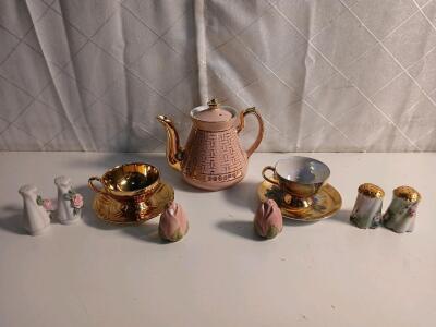 (1) Vintage Hall Pottery 6 Cup Teapot (1) Vintage Royal Winston Golden Age Tea Cup And Saucer (3) Pairs Of Salt And Pepper Shakers & More