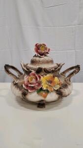 Porcelain Tureen with Floral Design, Double Handles, Removable Lid