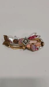 Decorative Hair Clip Barrette, Gold, Pink, White, Rhinestones