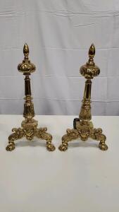 Pair of Ornate Solid Brass Floral Rose Andirons 19.5" Tall