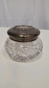 Crystal Powder Jar, Silver Plated Lid, Floral Motif, Monogram