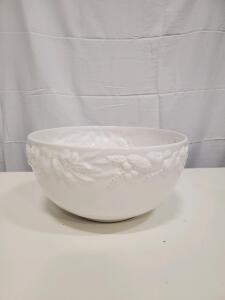 White Ceramic Bowl with Embossed Floral Design, Approx. 12" Diameter