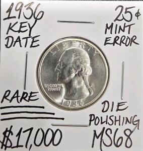 (1) 1936 RARE Key Date Mint Error Silver Quarter