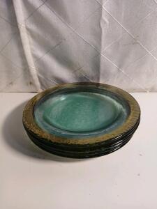 Green Glass Plates with Gold Trim, Set of 4, Textured Design