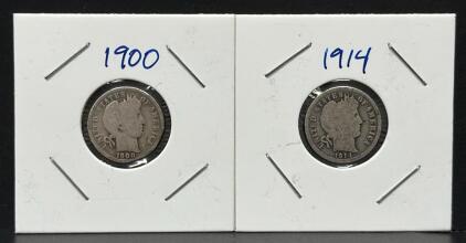 1900 & 1914 United States Barber Dimes, Silver Composition Coins