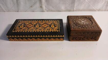 Vintage Syrian 9.5"x5" Inlaid Wooden Jewelry Trinket Box & Vintage India 5"x5" Hand-Carved Wooden Inlay Jewelry Trinket Box