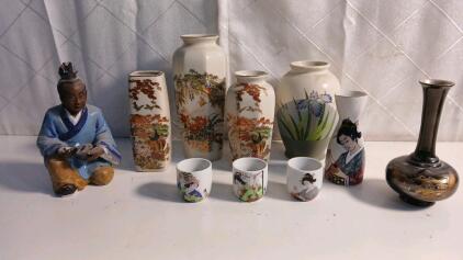 (1) Set Of 3 Vintage Japanese Satsuma-Style Ceramic Vases (1) Vintage Ochoko Tokkuri Heisei Japanese 5pc Sake Serving Set & More