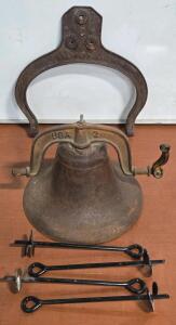 Large Vintage Metal Bell - 14"H x 15"&oslash; & (4) Metal Dirt Stakes