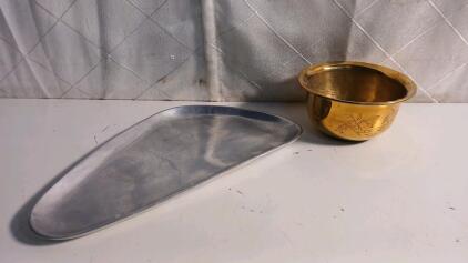 Vintage Brass Bowl W/ Etched Floral Design & Vintage 13" Alloy Trinket Tray