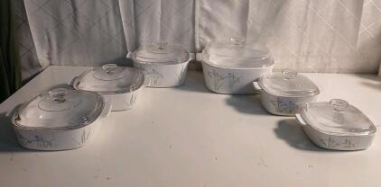 (6) Corning Ware Casserole Dishes -(1L, 1.5L, 2L, 2L, 3L, 5L)