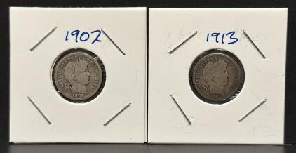 1902 & 1913 US Barber Dimes, 90% Silver, 0.7 in Diameter